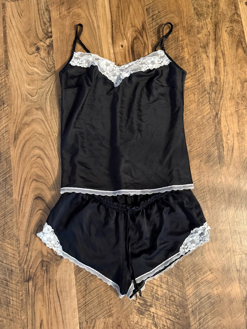 Victoria's Secret Black Satin Cami & Short Sleep Set with White Lace